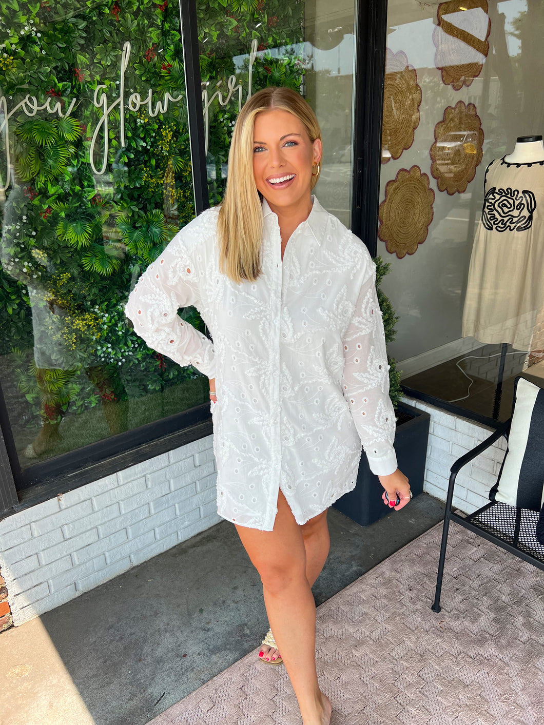 Scottie Eyelet Button Up Shirt Dress- White