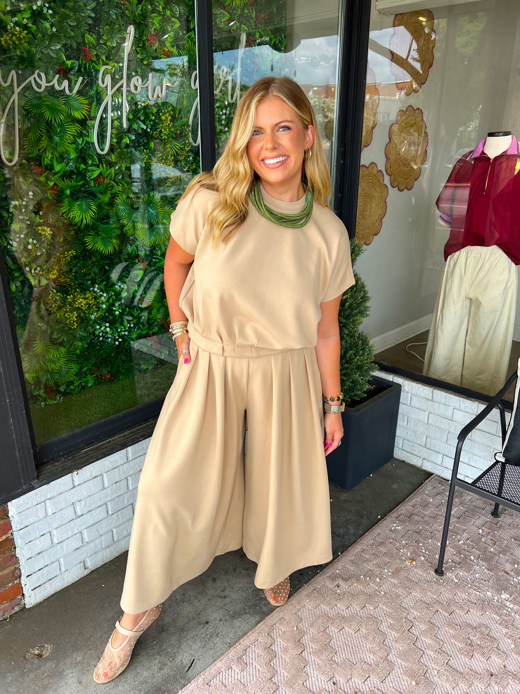 Jules Cropped Pleated Wide Leg Pant Set- Taupe