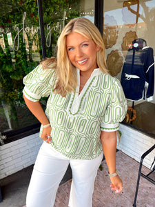 Gia Geometric Scalloped V-Neck Top- Green