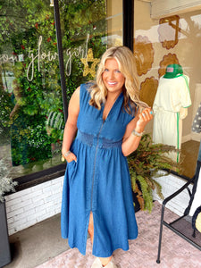 Asher Denim Sleeveless Midi Dress- Dark Denim