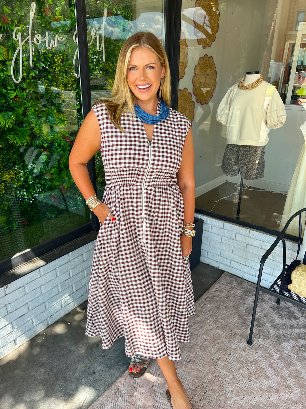 Birdie Gingham Zip Up Midi Dress- Brown