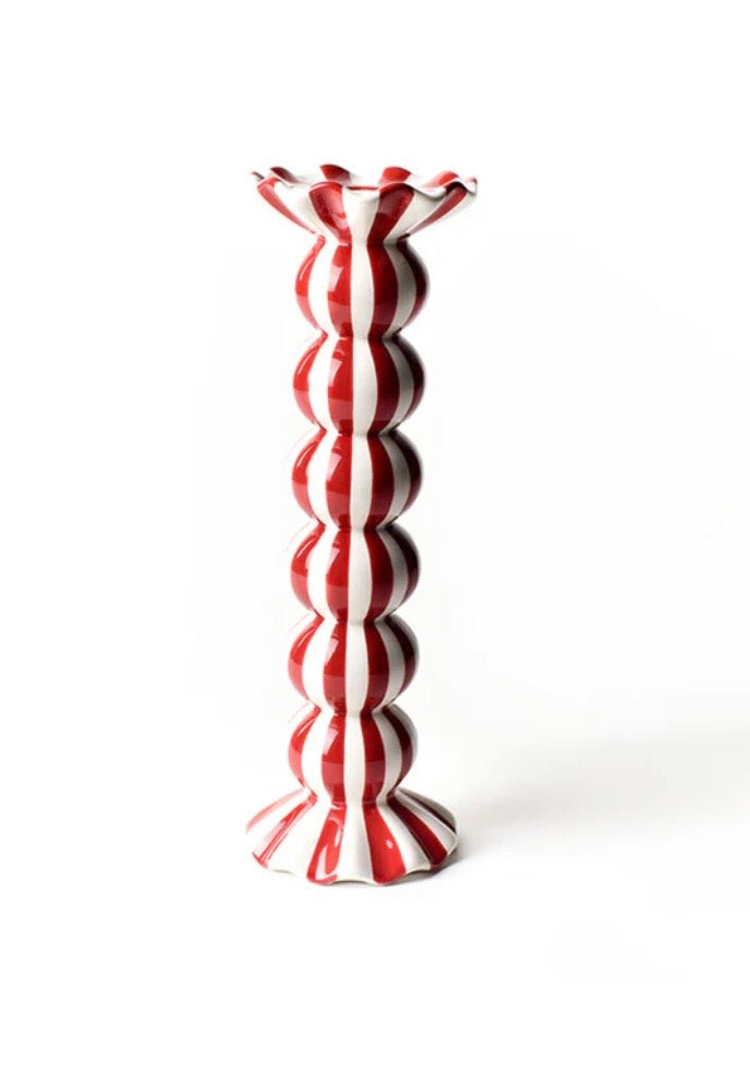 Red Stripe Ruffle Knob Candle Holder - Large