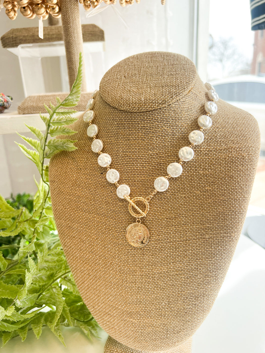 Gold Baroque Pearl Coin Toggle Necklace