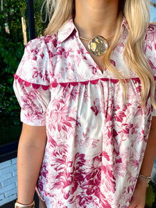 Dallas Floral Scalloped Trim Top - Maroon