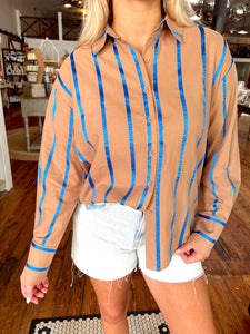 Millie Striped Button Up Top - Brown/Blue