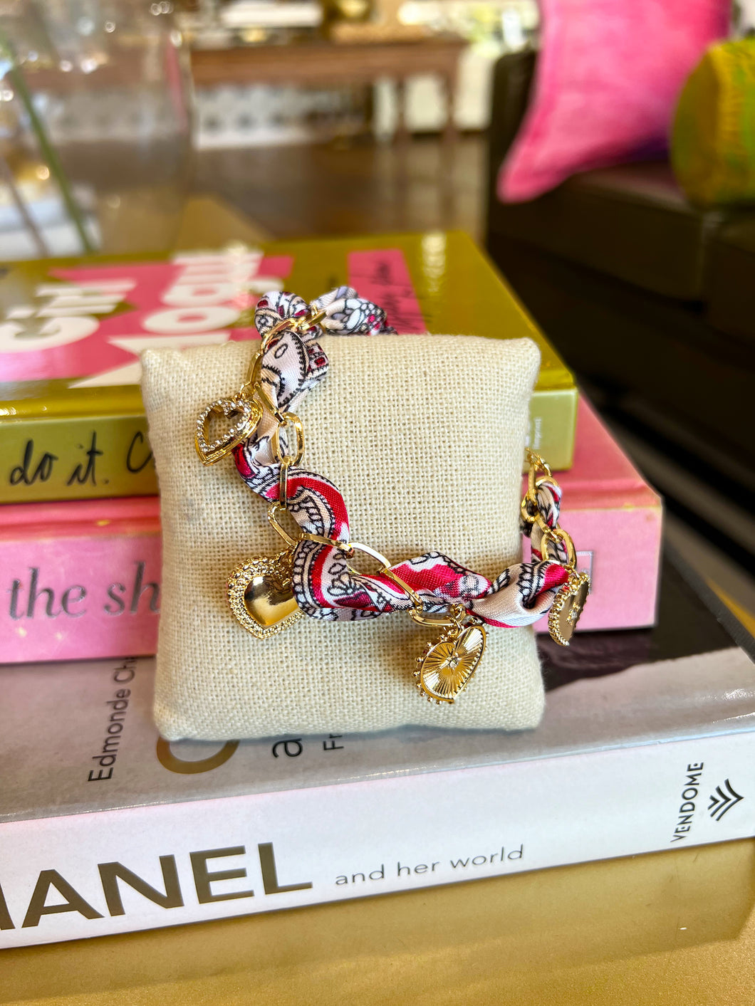 Multi Heart Charm Scarf Bracelet -Red