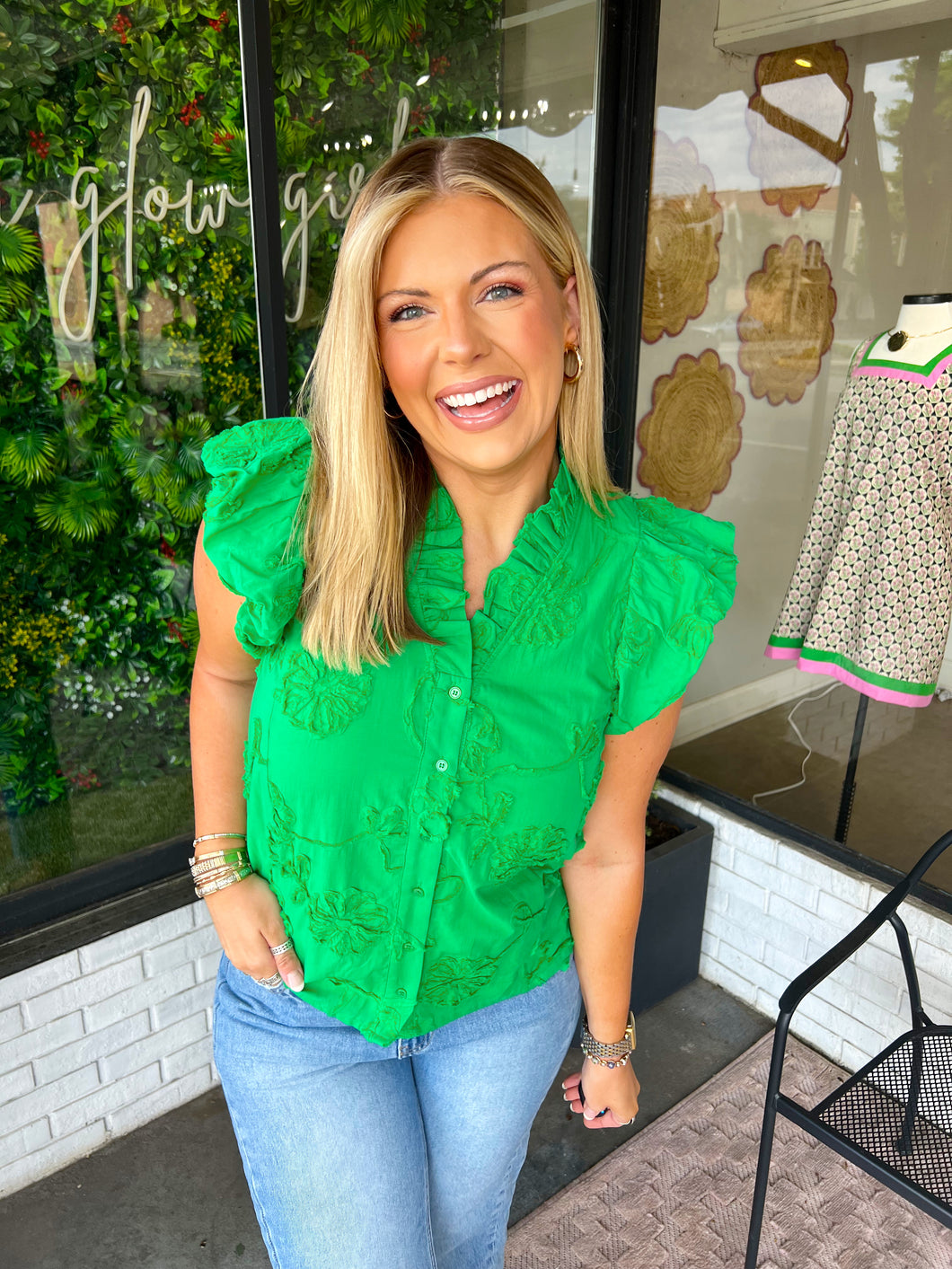 Betsy Textured Floral Button Up Top- Kelly Green