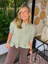 Load image into Gallery viewer, Micah Striped Button Up Ruffle Hem Top- Olive Green
