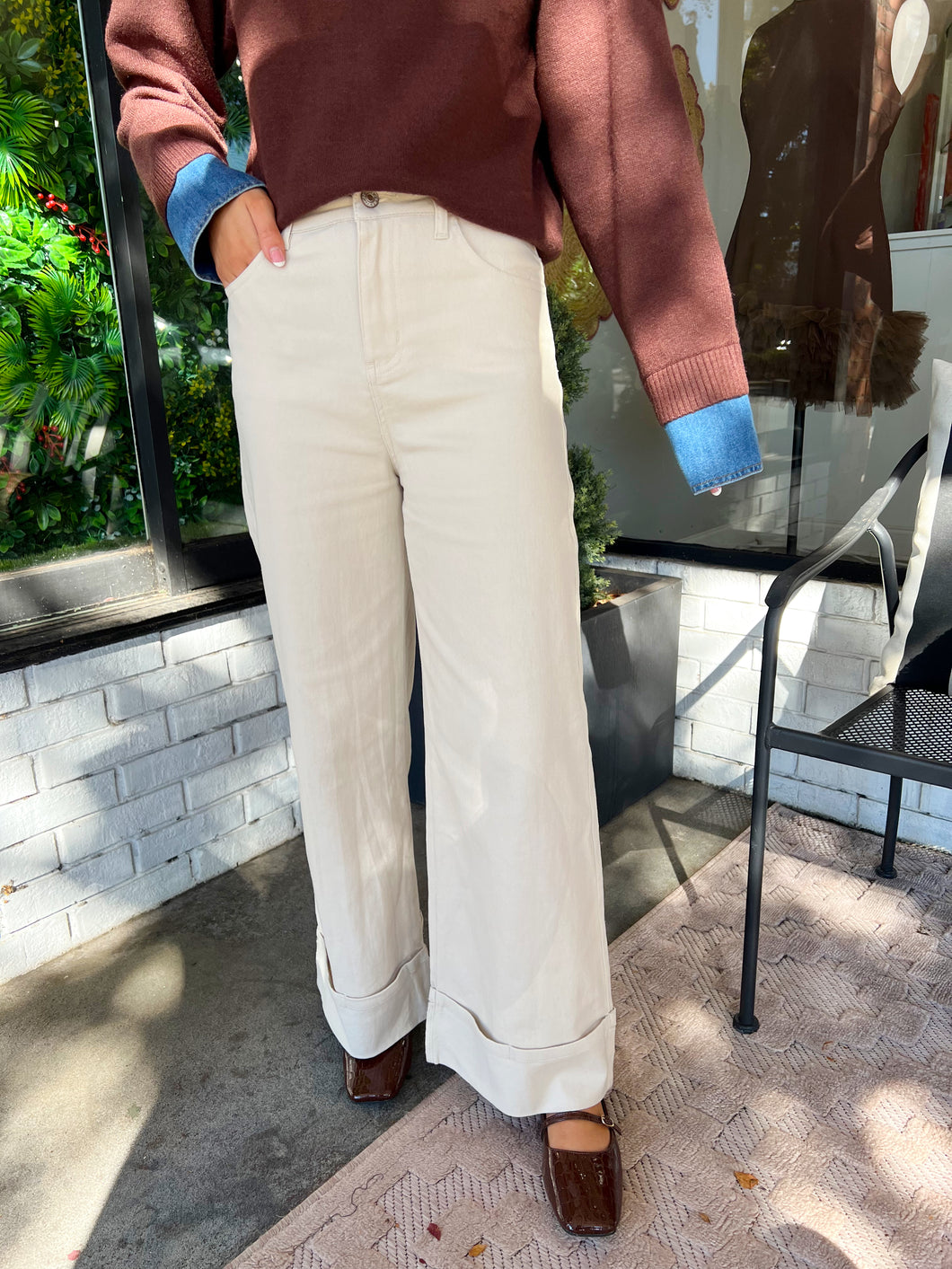 Stassie Ankle Length Wide Cuff Pants - Cream