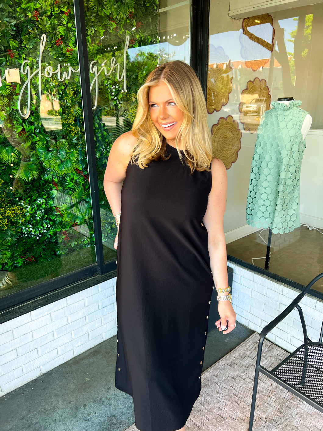 Erica Ribbed Gold Studded Midi Dress- Black