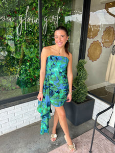 Carter Watercolor Strapless Mini Dress - Emerald