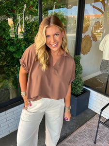 Liz Collared V-Neck Blouse - Brown