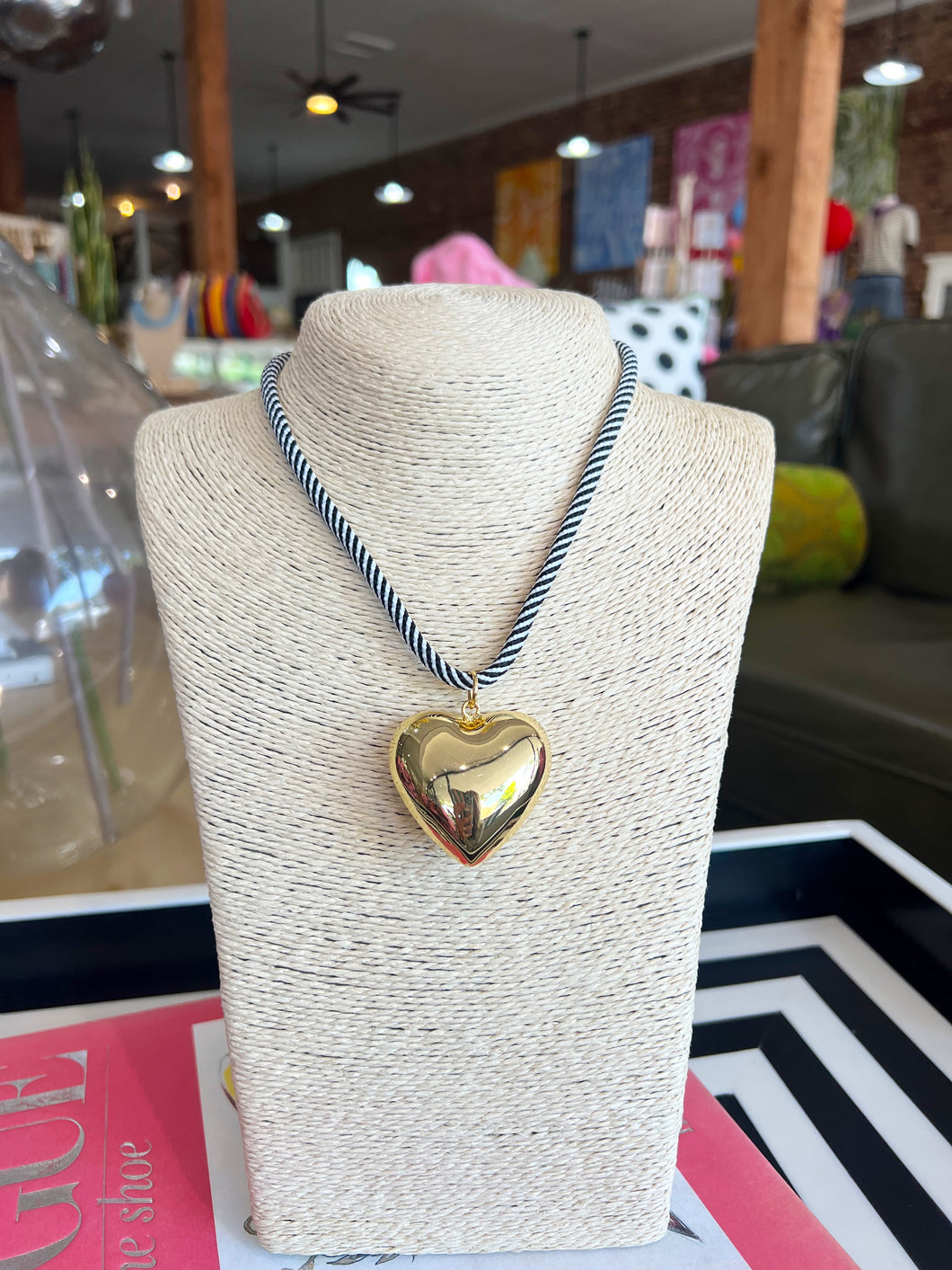 Gold Chunky Star Pendant Necklace - Black Stripe