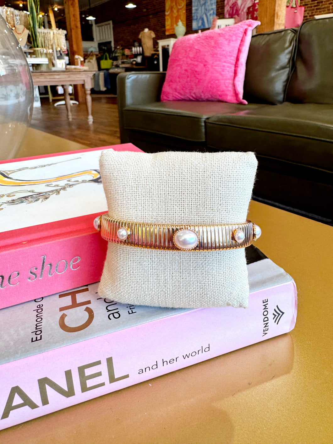 Gold Pearl Omega Chain Bracelet