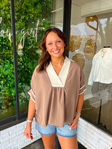 Alyson Banded V-Neck Top - Brown