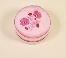 Load image into Gallery viewer, Velvet Round Jewelry Case - Pink Poppin' Petals
