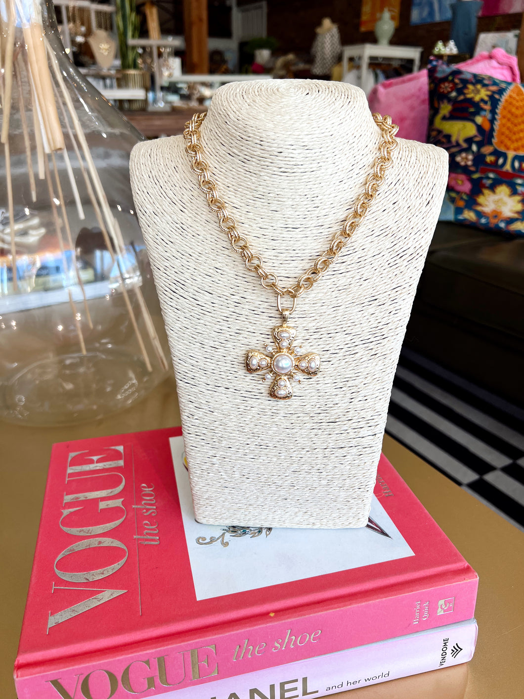 Gold Pearl Cross Pendant Necklace