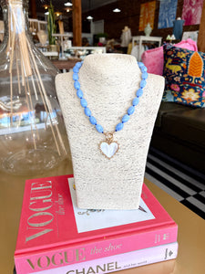 Oval Beaded Stone Heart Necklace -Blue