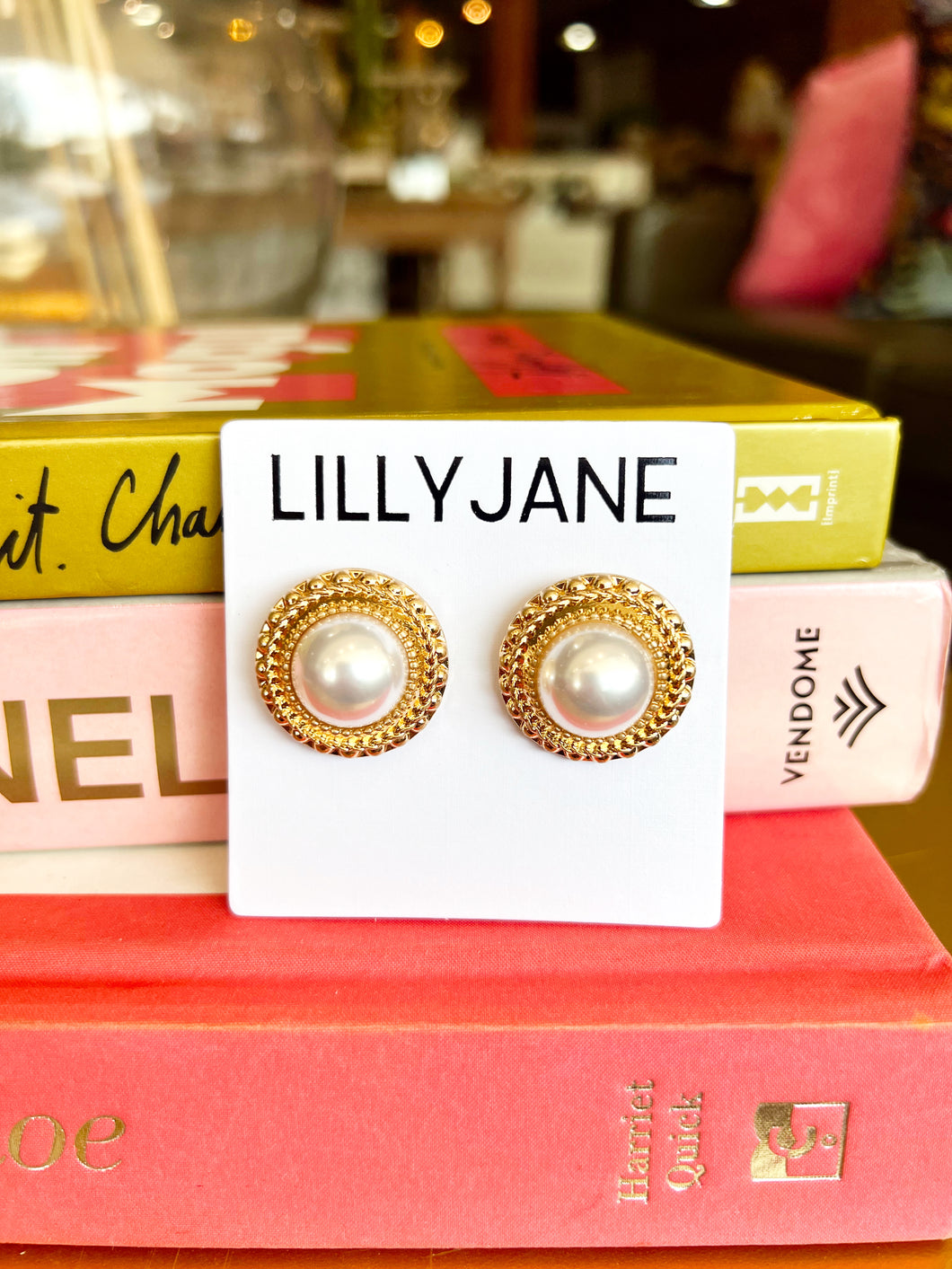 Gold Textured Pearl Stud Earrings