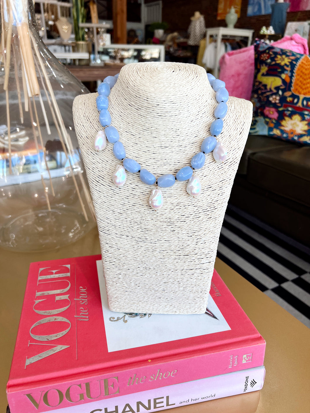 Chunky Beaded Pearl Dangle Necklace- Blue