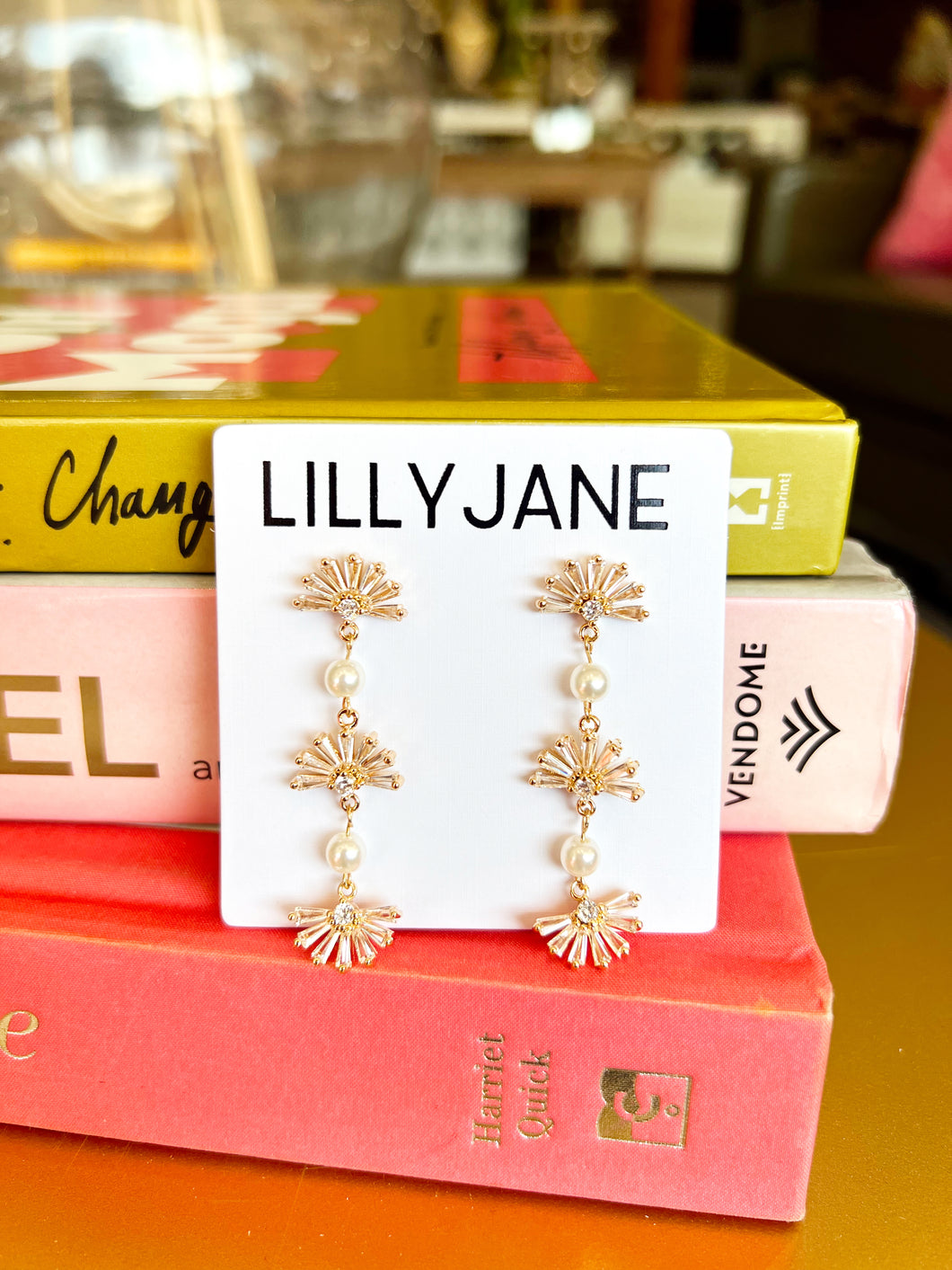 Gold Baguette Fan Dangle Earrings
