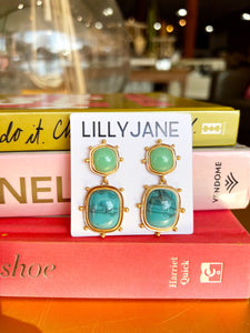 Stone Studded Square Dangle Earrings-Turquoise
