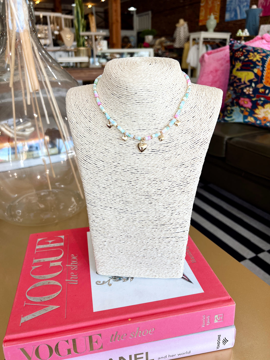 Dainty Beaded Heart Charm Necklace-Multi