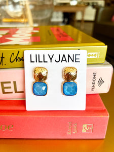 Gold Square Studded Stone Earrings- Blue