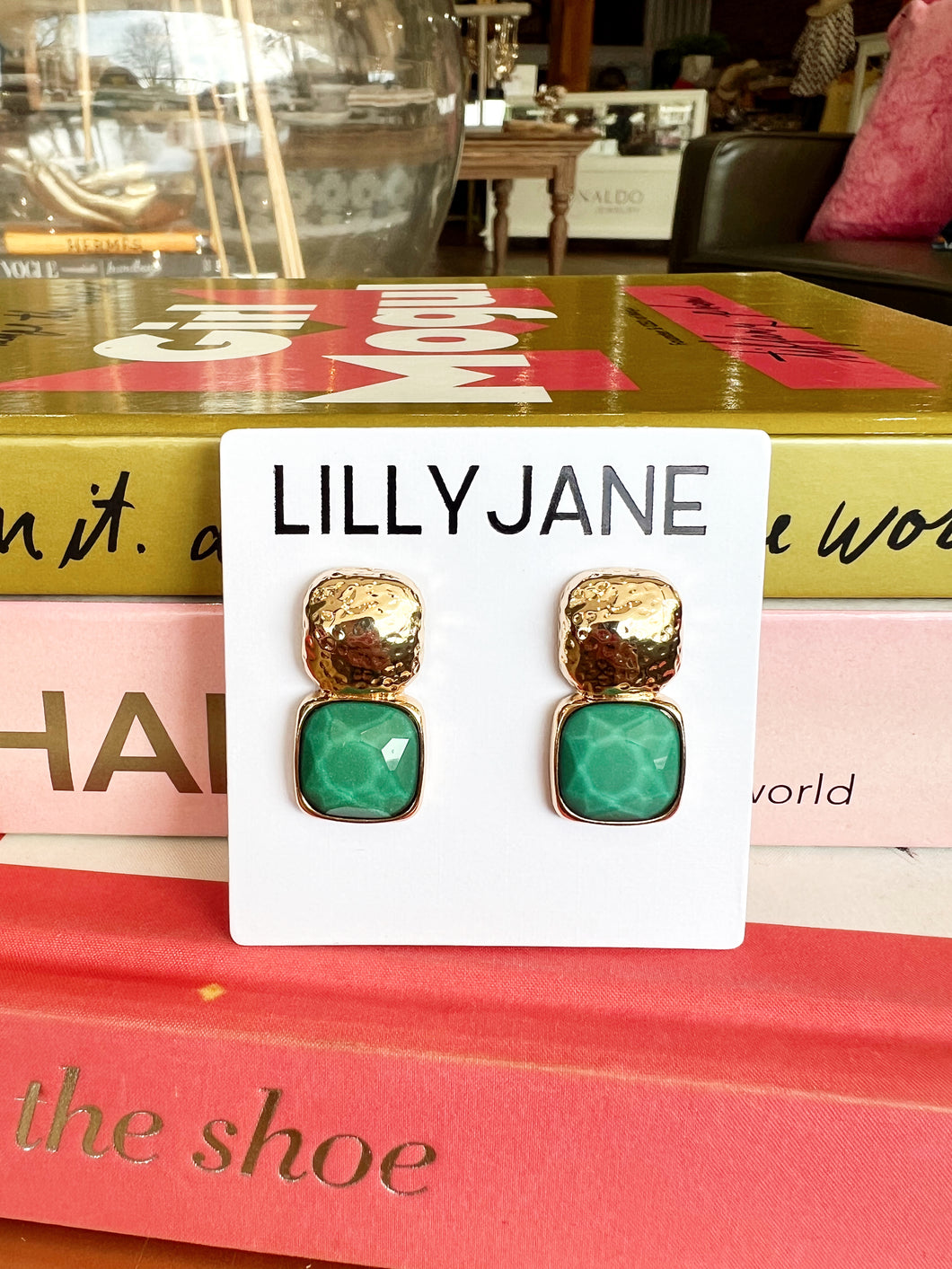 Gold Square Studded Stone Earrings- Green