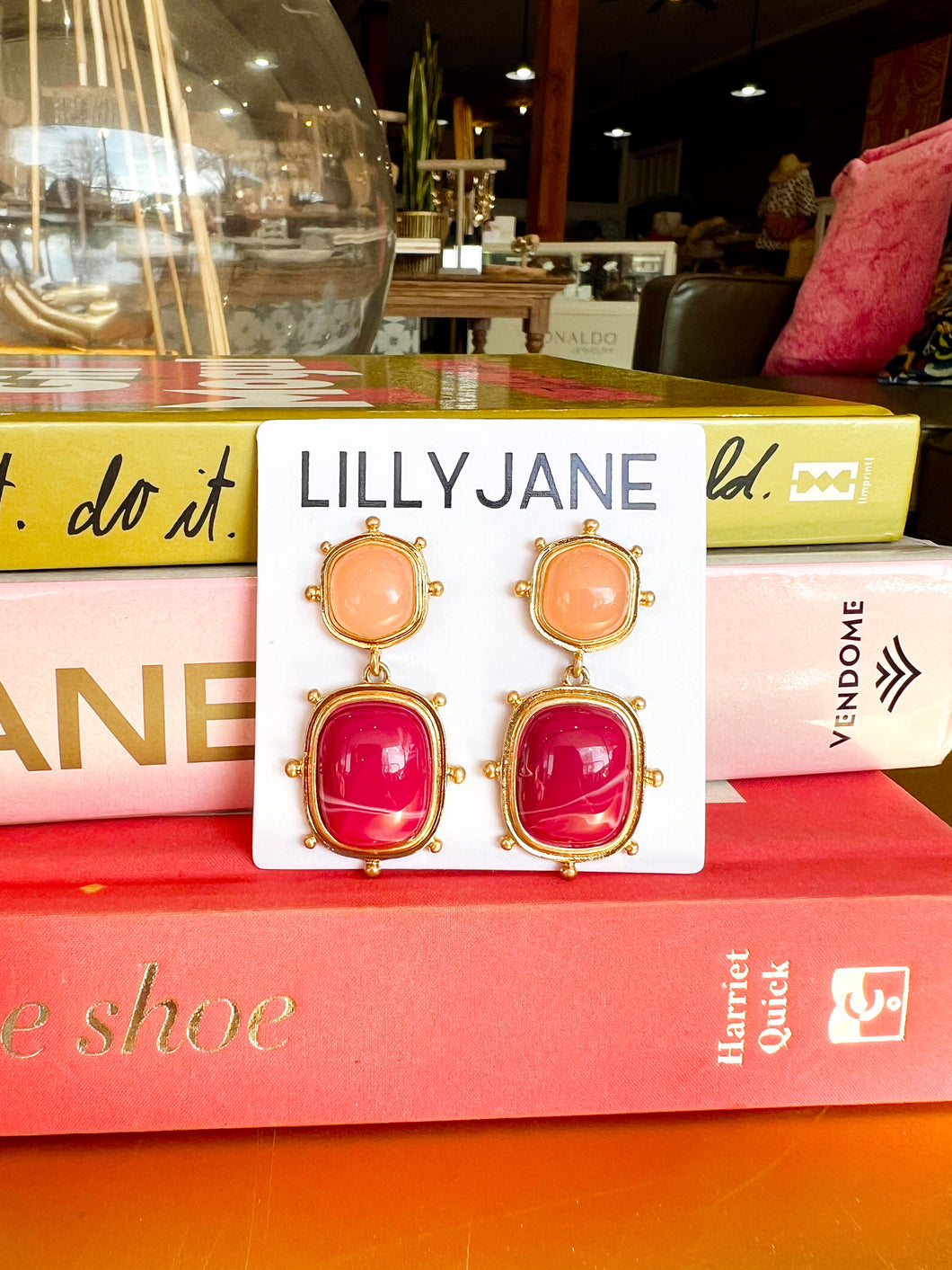 Stone Studded Square Dangle Earrings-Pink