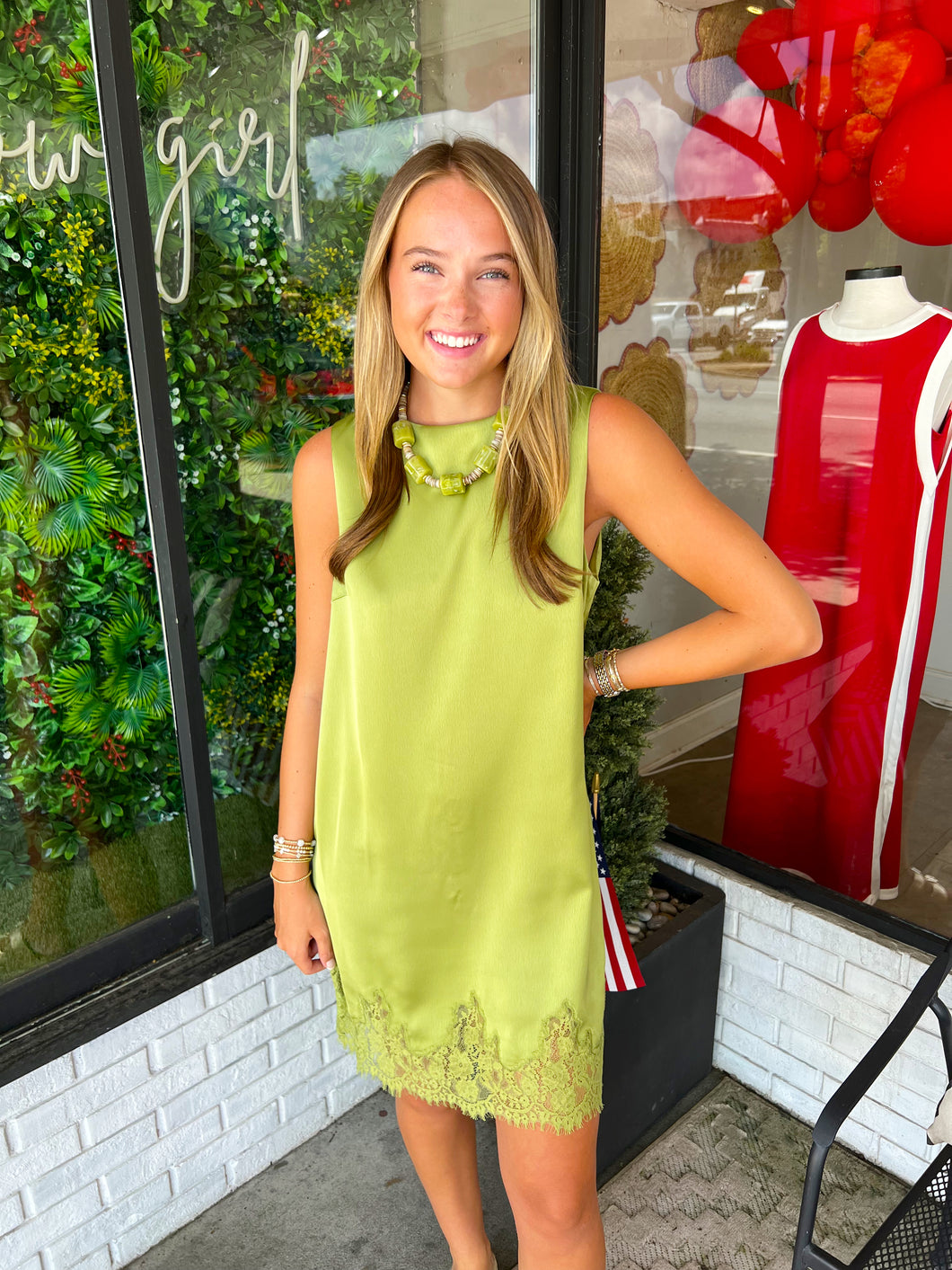 olive green satin mini dress Kellis Lace Trim COLOR:IVORY TWEED Size medium measures 33.5 MORE TO COME Carlita Disney Princess
