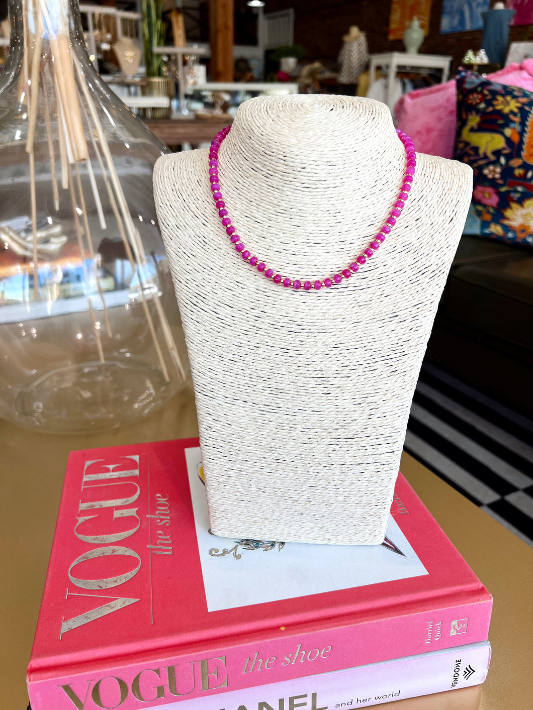 Dainty Glass Beaded Necklace -Fuchsia