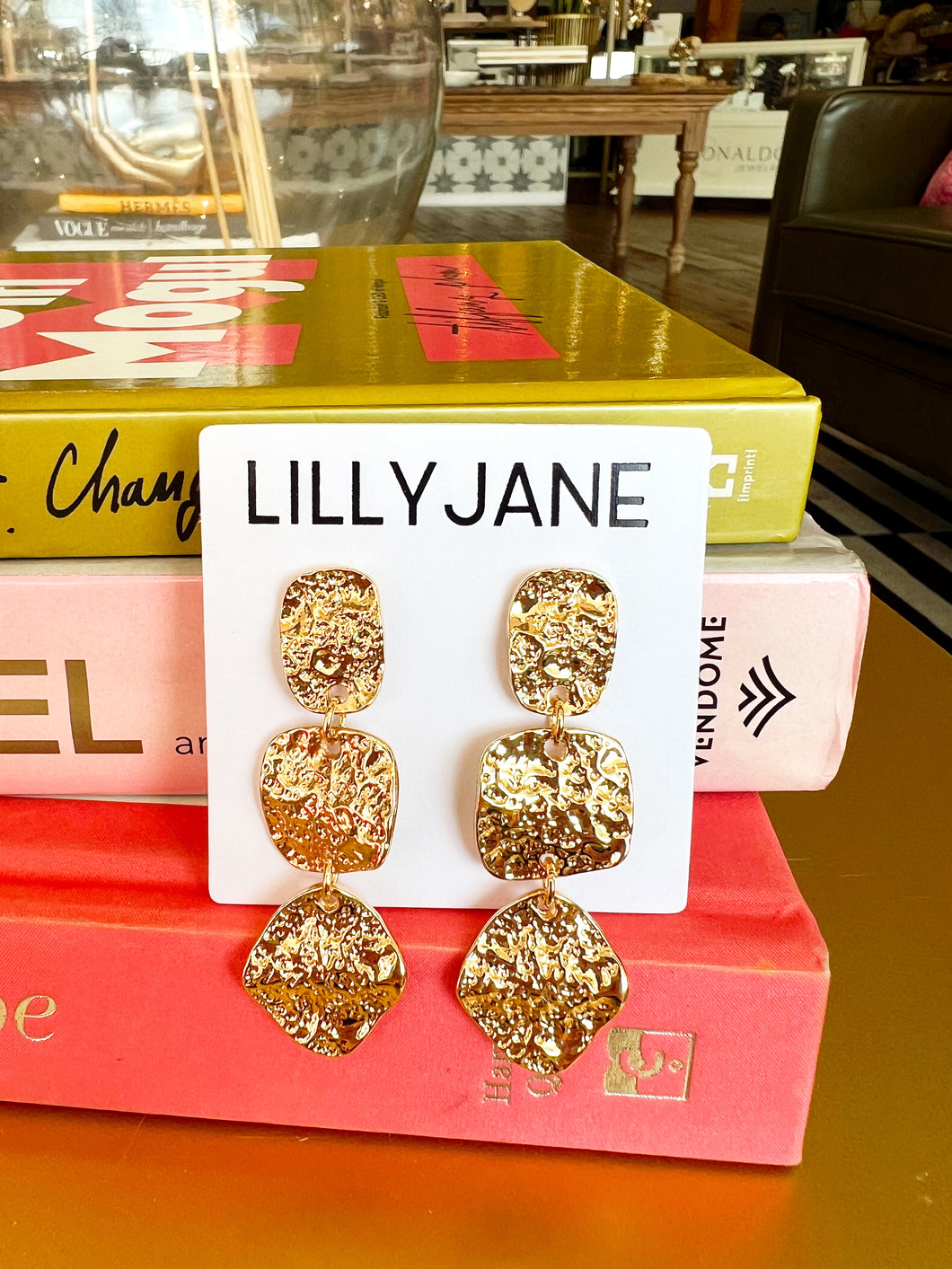 Gold Textured Square Dangle Earrings