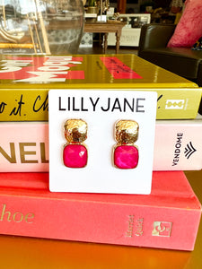 Gold Square Studded Stone Earrings- Fuchsia