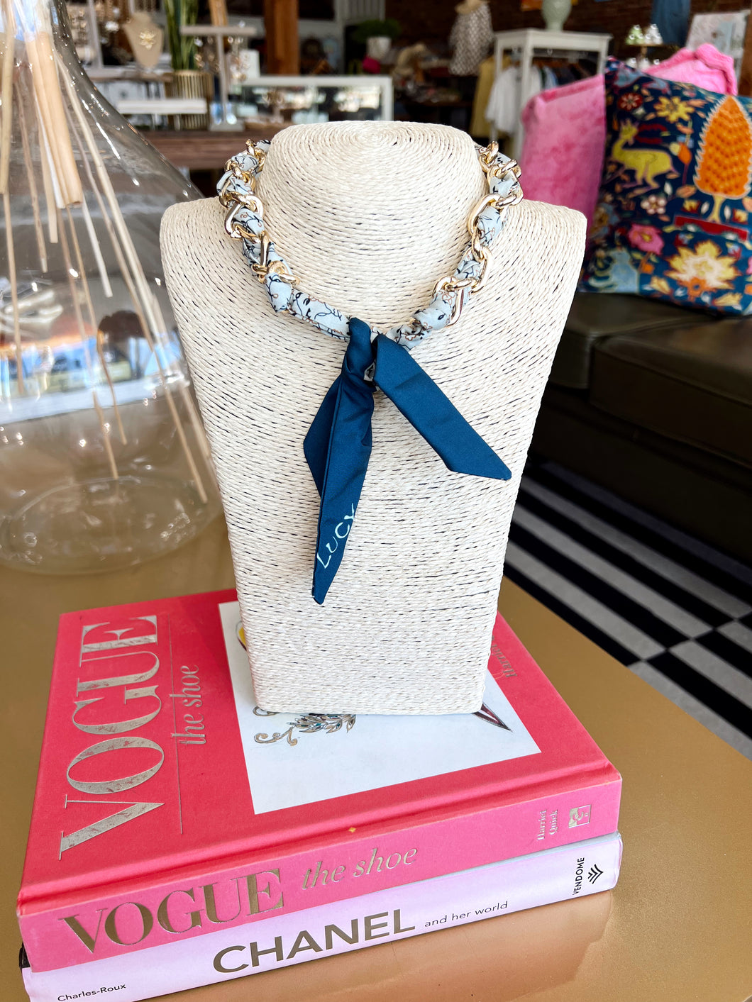 Scarf Wrapped Chain Necklace- Navy Multi