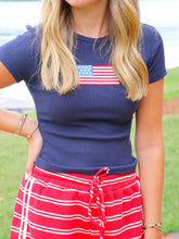 Load image into Gallery viewer, American Flag Embroidered Crop Top- Navy
