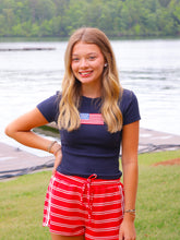 Load image into Gallery viewer, American Flag Embroidered Crop Top- Navy
