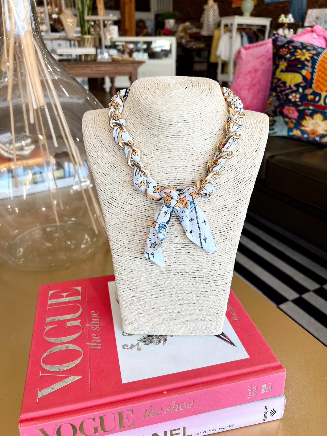 Scarf Wrapped Chain Necklace- Yellow Multi