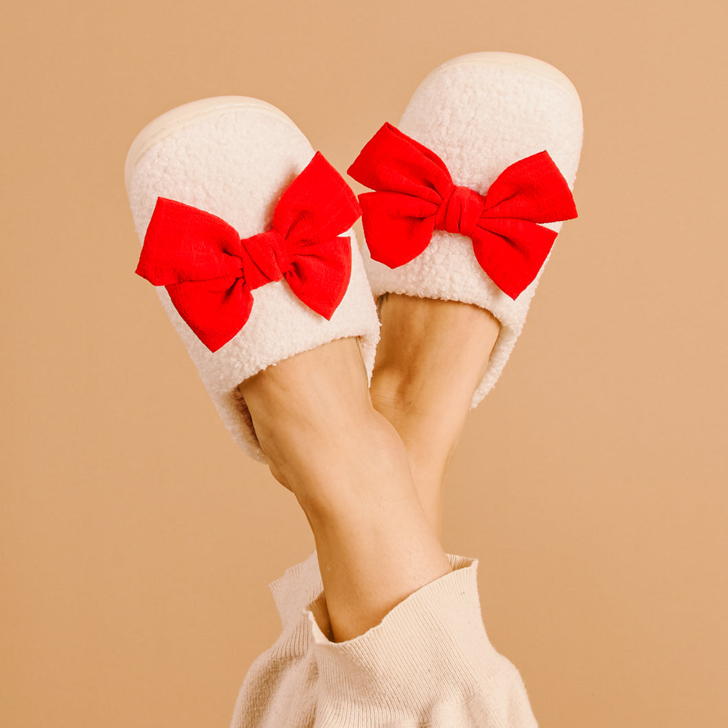 Bow Fuzzy Slippers -Red