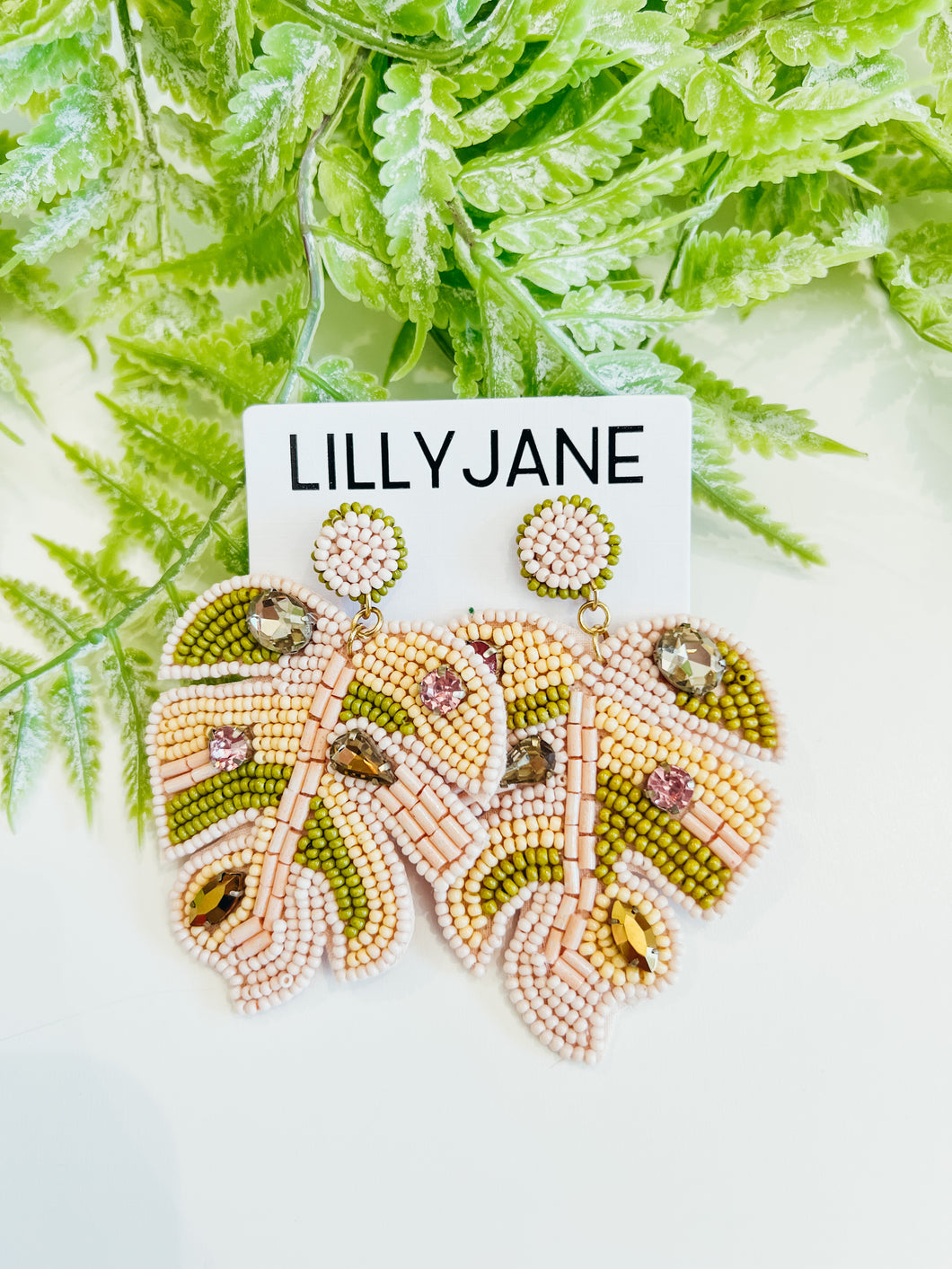 Palm Leaf Seed Bead Earrings-Pink & Green