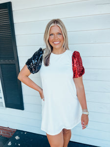Reeves Sequin Sleeve Dress- Red & Black