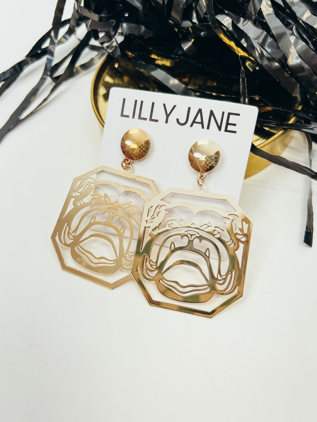 Gold Octagon Bulldog Earrings
