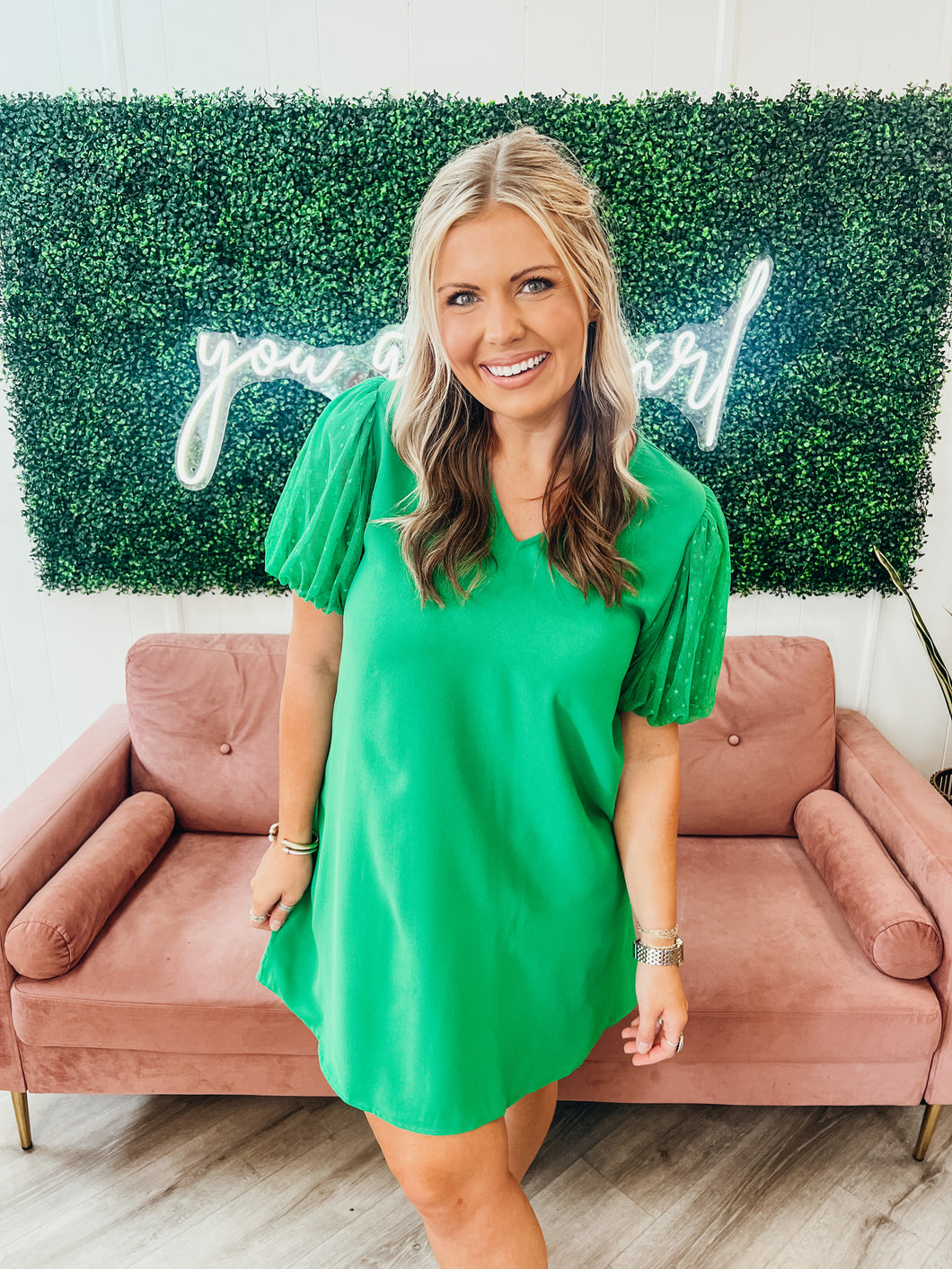 Vera Puff Sleeve Dress-Kelly Green