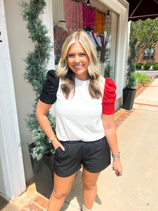 Walker Sequin Sleeve Top- Red & Black