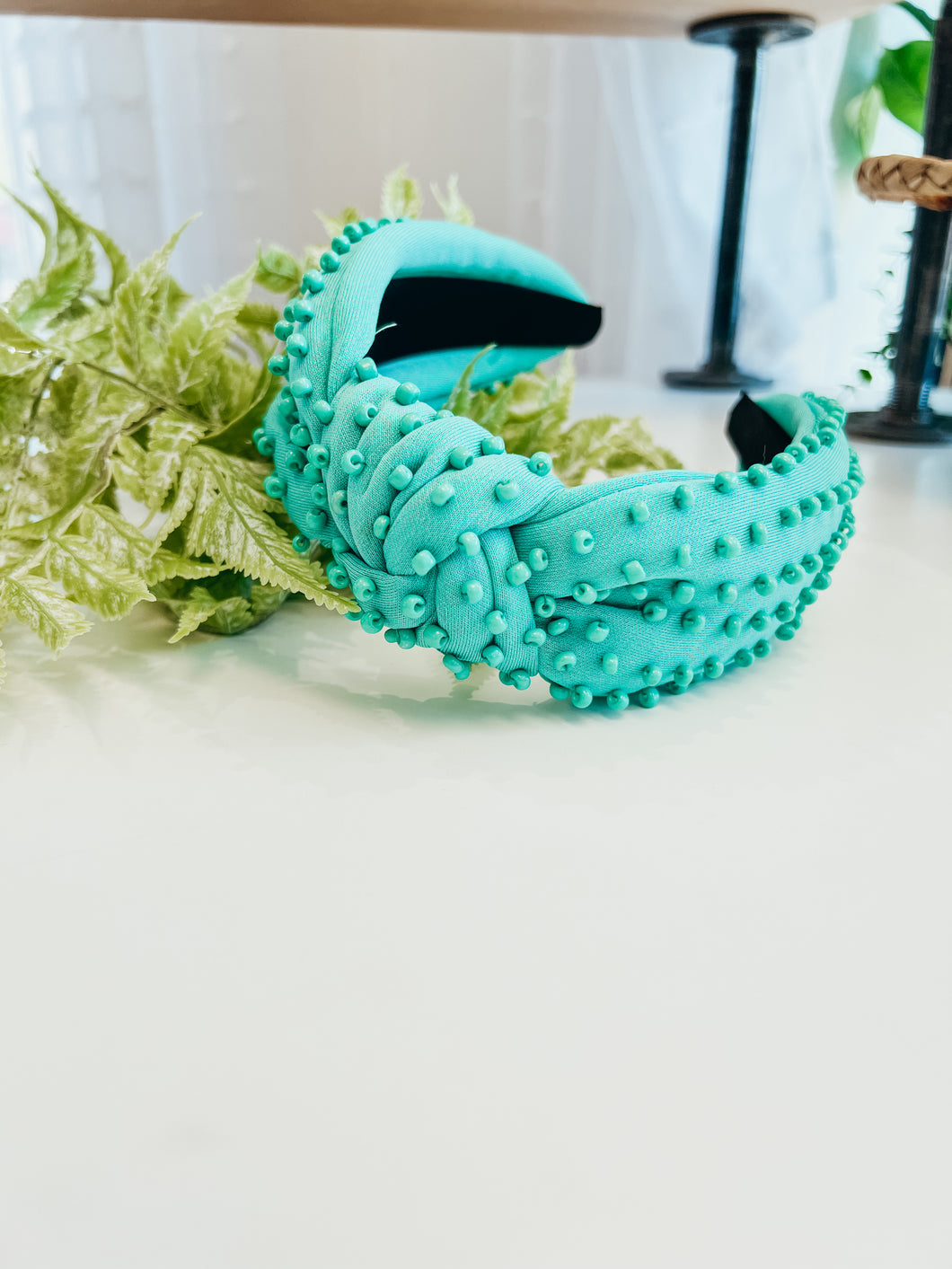 Color Beaded Knotted Headband-Teal