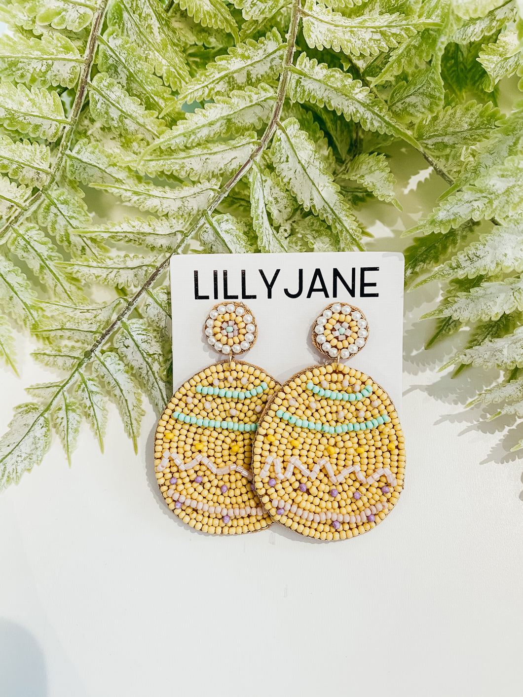 Easter Egg Patterned Seed Bead Earrings - Yellow